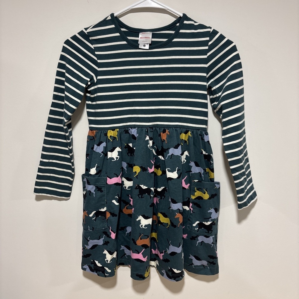 Hanna Andersson Dressā Green Stripe Long Sleeve Mixie Unicorn Girls 6/7 120cm